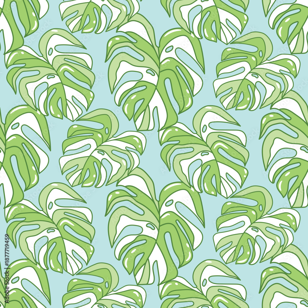 Fototapeta premium Tropical leaf Wallpaper, Monstera nature pattern design, Jungle green leaves, Hand drawn for fabric, camouflage bright foliage print