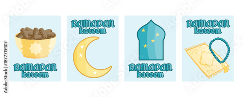 Ramadan Kareem greeting banners set with mosque silhouette, crescent moon, prayer rug, tasbih prayer beads and plate of dates for iftar