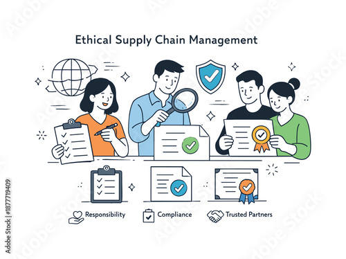 Trust in Supply Chains. Ethical supply chain management. Team members checking verified suppliers and documents with checkmarks and badges. Focus on