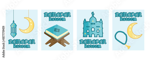 Ramadan Kareem greeting banners set with mosque silhouette, holy Quran on wooden rehal, tasbih prayer beads, crescent moon and traditional lantern