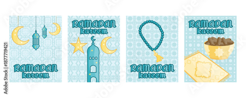 Ramadan Kareem greeting banners set with mosque silhouette, traditional lanterns, crescent moon, plate of dates for iftar, prayer rug and tasbih prayer beads