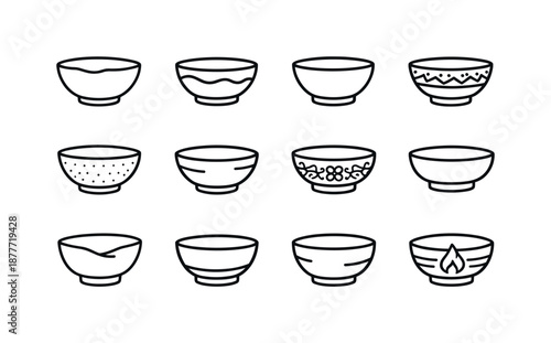 Ceramic Bowl Icons. Ceramic Bowl. Line icon set of Ceramic Bowl: handmade bowl, glazed bowl, pottery bowl, artisan bowl, textured ceramic bowl, rustic bowl,