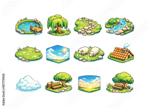 Tranquil Vector Icons. Tranquil scenery. Colorful isometric vector icons set of tranquil scenery: calm pond, wooden pier, willow tree, pebble path, flowing