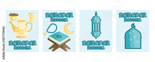 Ramadan Kareem greeting banners set with mosque silhouette, holy Quran on wooden rehal, traditional lanterns, crescent moon, tasbih prayer beads, dates for iftar, water jug and decorative cup