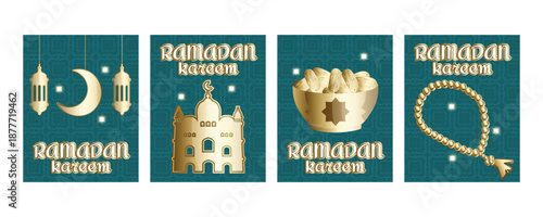 Luxury Ramadan Kareem greeting banners set with islamic patterns, golden mosque elements, crescent moon, tasbih prayer beads, plate of dates and light reflections