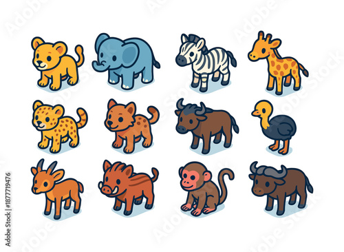 Savanna Baby Icons. Savanna babies. Colorful isometric vector icons set of savanna babies: lion cub, elephant calf, zebra foal, giraffe calf, cheetah cub,