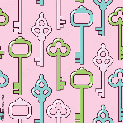 Seamless vector pattern with cute cartoon Keys. Pastel pink Texture for textile, wallpaper and backdrop