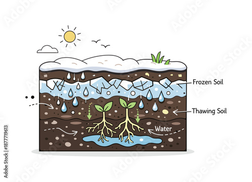 Thawing Soil Illustration. Thawing ground detail illustration. Cross-section of soil showing ice turning into water and roots starting to grow. Clean