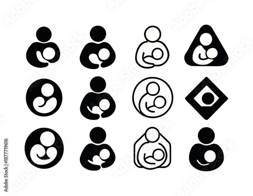 Baby Nursing Icons. Baby latching. Icon set. Set Logo of Baby latching: Safe nursing space icon: Negative space, Flat solid, Stylized detail, Minimal outline,