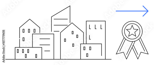 Urban planning, progress, recognition, achievement, city growth, innovation. Outline of city buildings with a ribbon medal on the right. Urban planning and progress symbols illustrated