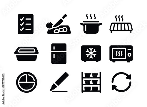 Meal Prep Icons. Meal prep workflow. Solid icon set of meal prep workflow: ingredients list, chopping icon, cooking pot, cooling rack, packing container,