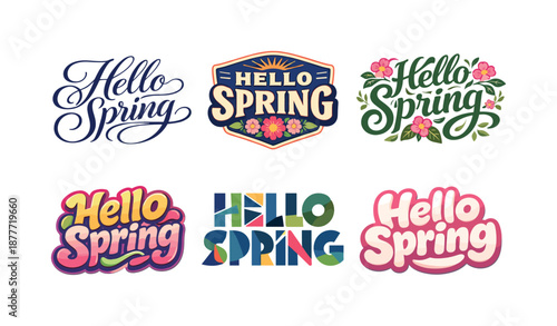 Spring Lettering Variations. Hello Spring. Set lettering. harmonious lettering variations of the same emblematic concept, each with different