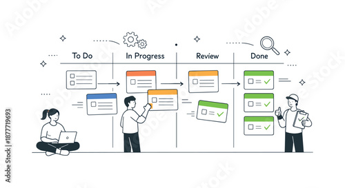 Smooth Task Progression. Daily sprint workflow. Task cards moving smoothly across board columns from left to right. Visual metaphor of progress, flow, and