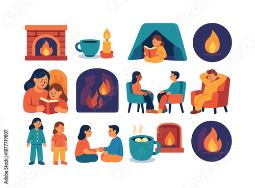 Cozy Evening Icons. Evening by the fire. Colorful flat vector icons set of evening by the fire: low-lit fireplace, tea and candlelight, blanket fort near