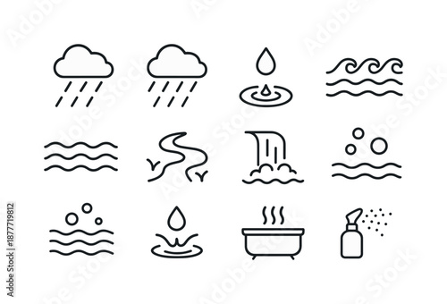 Water Sound Icons. Water sleep sounds. Line icon set of Water sleep sounds: light rain, heavy rain, dripping water, ocean foam, calm lake, river