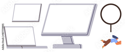 Technology, search concepts, digital exploration, online research, device usage, remote work. Desktop monitor, laptop magnifying glass and person diving forward. Technology and search concepts
