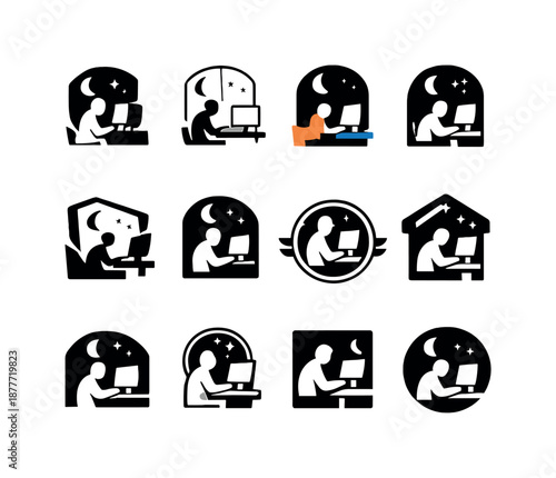 Night Work Icon Series. someone continuing to work late into the night, focused. Icon set. Set Logo of someone continuing to work late into the night, focused: