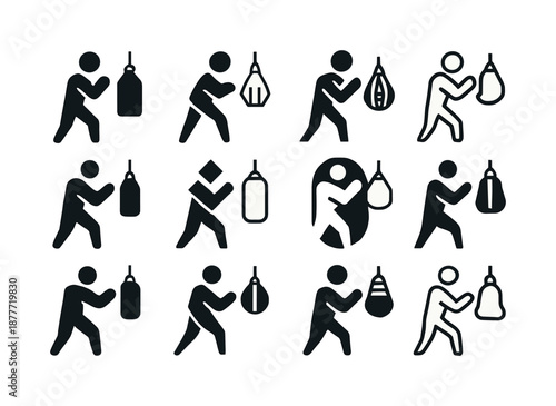 Boxing Icon Variations. Boxing fitness workouts. Icon set. Set Logo of boxing fitness workouts: punching bag. harmonious logo variations of the same emblematic