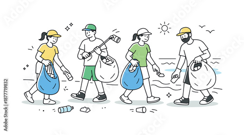 Beach Cleanup Volunteers. Group doing beach cleanup. Volunteers walking along the shoreline collecting litter into bags. Shared responsibility and care for