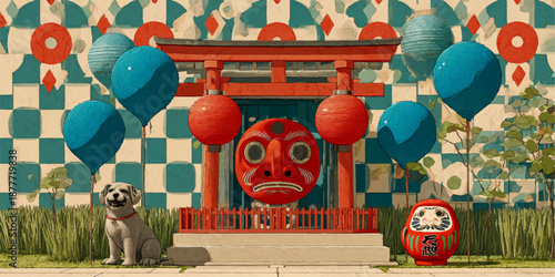 Japanese torii gate with dog and daruma dolls