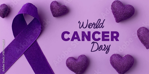 World cancer day awareness purple ribbon and hearts