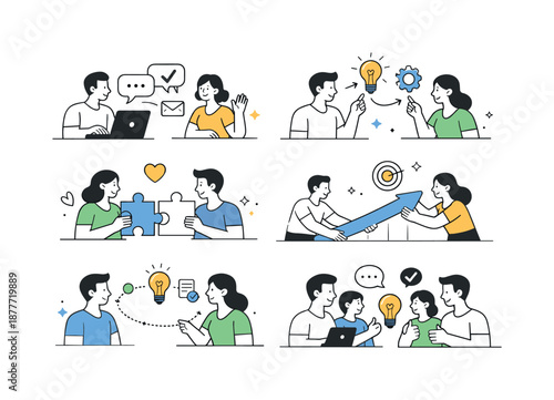 Collaborative Communication Scenes. Communication and teamwork set. Characters exchanging messages, ideas, and symbols across multiple small scenes.