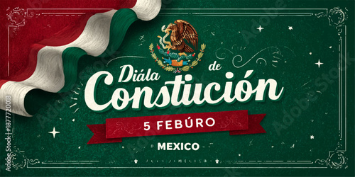 Celebration of mexican constitution day with flag and emblem