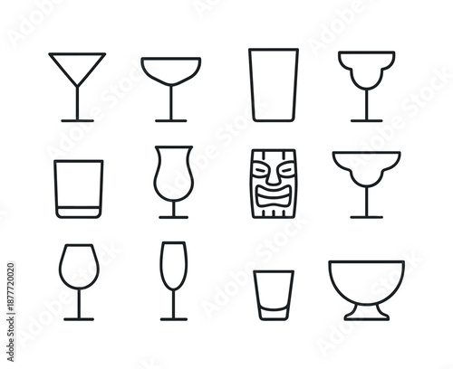 Cocktail Icon Set. Cocktail glasses. Line icon set of Cocktail glasses: martini glass, coupe glass, collins glass, highball glass, rocks glass, hurricane