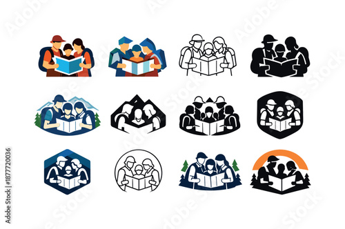 Family Hiking Icons. family hiking together. Icon set. Set Logo of family hiking together: family looking at map. harmonious logo variations of the same
