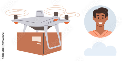 quadcopter deliveries, E-commerce, logistics, technology, consumer engagement, innovation. A Quadcopter carrying a box near a smiling person and a cloud. Drone deliveries and E-commerce