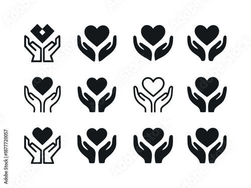 Poverty Alleviation Icons. Poverty alleviation. Icon set. Set Logo of poverty alleviation: open hands holding heart. harmonious logo variations of the same