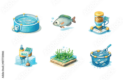 Sustainable Fish Farming Icons. Fish Farming. Isometric flat vector icons set of Sustainable Fishing: aquaculture tank, tilapia fish, feeding system, water