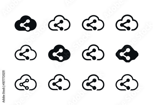 Share Icon Variations. Share. Icon set. Set Logo of share: digital cloud link. harmonious logo variations of the same emblematic concept, each with different