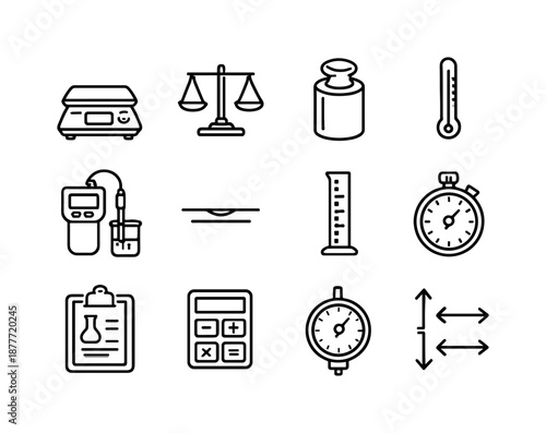 Laboratory Icon Set. Laboratory Measurement. Line icon set of Laboratory Measurement: scale, balance pan, calibration weight, thermometer, pH meter, volumetric