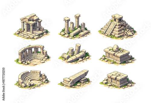 Ancient Ruins Icons. Ancient ruins. Isometric flat vector icons set of ancient ruins: broken stone temple, ruined columns, collapsed pyramid step, ancient