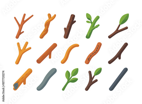Colorful Nature Stick Icons. Nature sticks. Colorful flat vector icons set of nature sticks: dry branch, twisted stick, bark-covered stick, mossy twig, forked