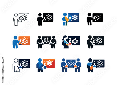 Educational Logo Variations. Exhibitions and learning experiences. Icon set. Set Logo of exhibitions and learning experiences: science demonstration symbol.