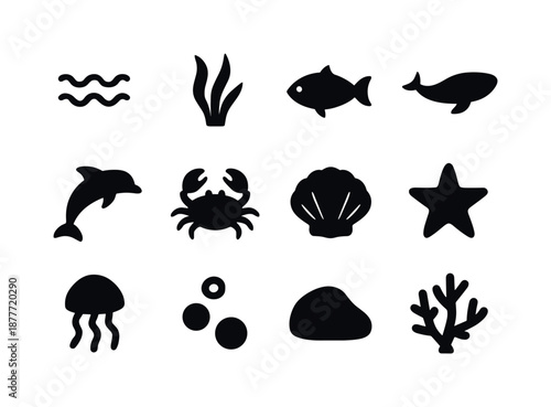 Underwater Icons Grid. Underwater life. Solid icon set of underwater life: wave icon, seaweed, fish silhouette, whale silhouette, dolphin silhouette, crab