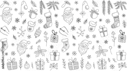 Hand Drawn Doodle Christmas Seamless Pattern with Santa Claus, Gifts, Bells, Stars, Holly Leaves, and Holiday Icons in Black and White