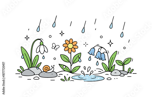 Spring Rain Serenity. Nature refreshed by rain. Plants, flowers, and ground gently touched by the first spring raindrops. Quiet growth, clean air, and soft