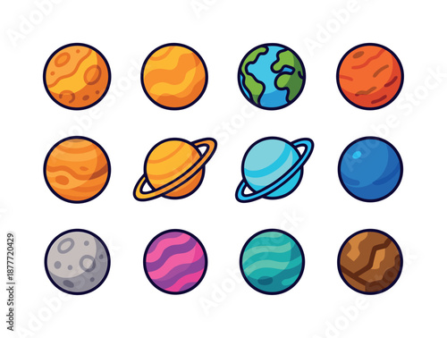 Colorful Planet Icons. Planets. Colorful isometric vector icons set of planets: mercury, venus, earth, mars, jupiter, saturn, uranus, neptune, dwarf planet,