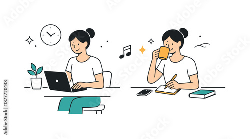 Minimalist Work-Life Balance. Balanced minimal lifestyle at work. Person combining work and short break with coffee and notes, calm rhythm and comfort. Few