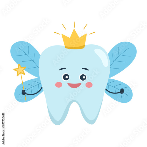 Cute fairy tooth character with magic wand. Oral care, mouth hygiene, teeth restoration concept cartoon vector illustration