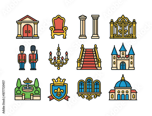 Colorful Palace Icons. Palace. Colorful isometric vector icons set of palace: grand entrance, royal throne, marble pillars, golden gates, palace guards,