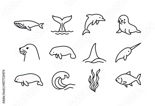 Ocean Mammals Icons. Ocean mammals. Line icon set of Ocean mammals: blue whale, humpback tail, dolphin leap, seal pup, sea lion head, manatee silhouette, orca