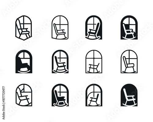 Rocking Chair Emblems. Rocking chair by the window. Icon set. Set Logo of rocking chair by the window: window alcove with rocking chair. harmonious logo