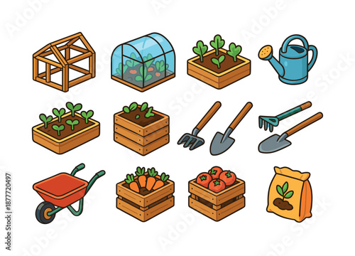 Farm Greenhouse Icons. a small farm with a hand-built greenhouse for growing vegetables. Colorful isometric vector icons set of a small farm with a hand-built