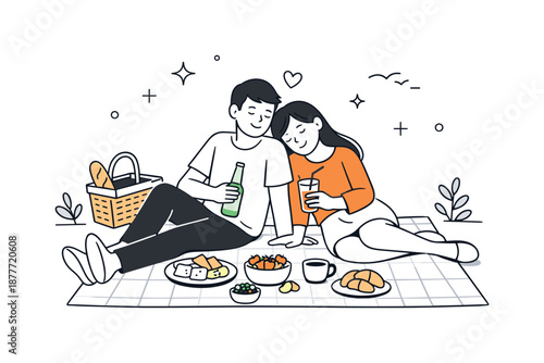 Peaceful Park Picnic. Picnic in park couple moment. A couple relaxing on a blanket with drinks and snacks. Quiet togetherness and peaceful outdoor mood.