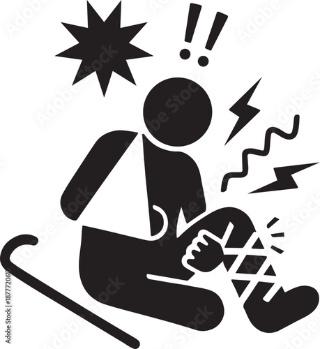 Injured Person Stick Figure Icon with Arm Sling and Bandaged Leg Representing Medical Accident Disability Recovery and First Aid Assistance Vector Graphic