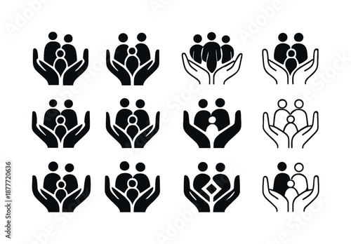 Family Support Icons. Family support systems in times of crisis. Icon set. Set Logo of family support systems in times of crisis: hands cradling parents and